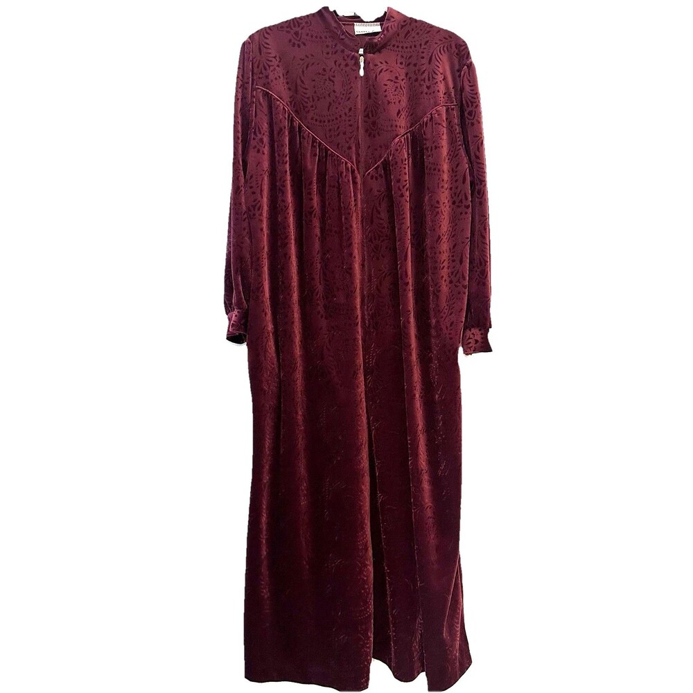 Vintage Vanity Fair Burgundy Velour Embossed Zip Housecoat Robe XL XXL 52” Long